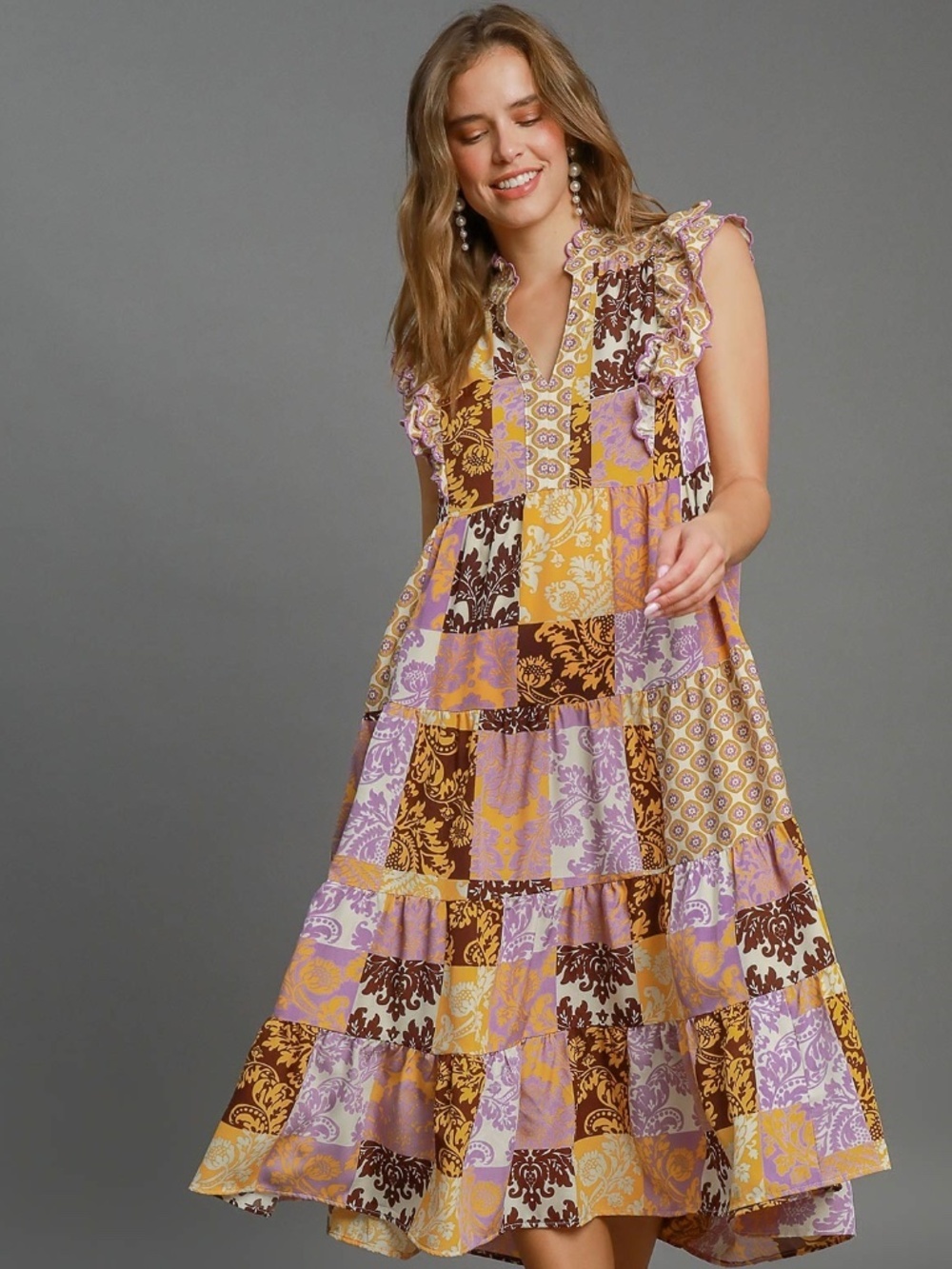 Umgee Patchwork Print Ruffle Sleeve Midi Dress NWT Boho Floral
